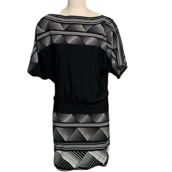 BCBGMaxAzria Boat Neck Dress Drop Waist  Stretch Sz M Black Gray White #243 - Picture 3 of 6